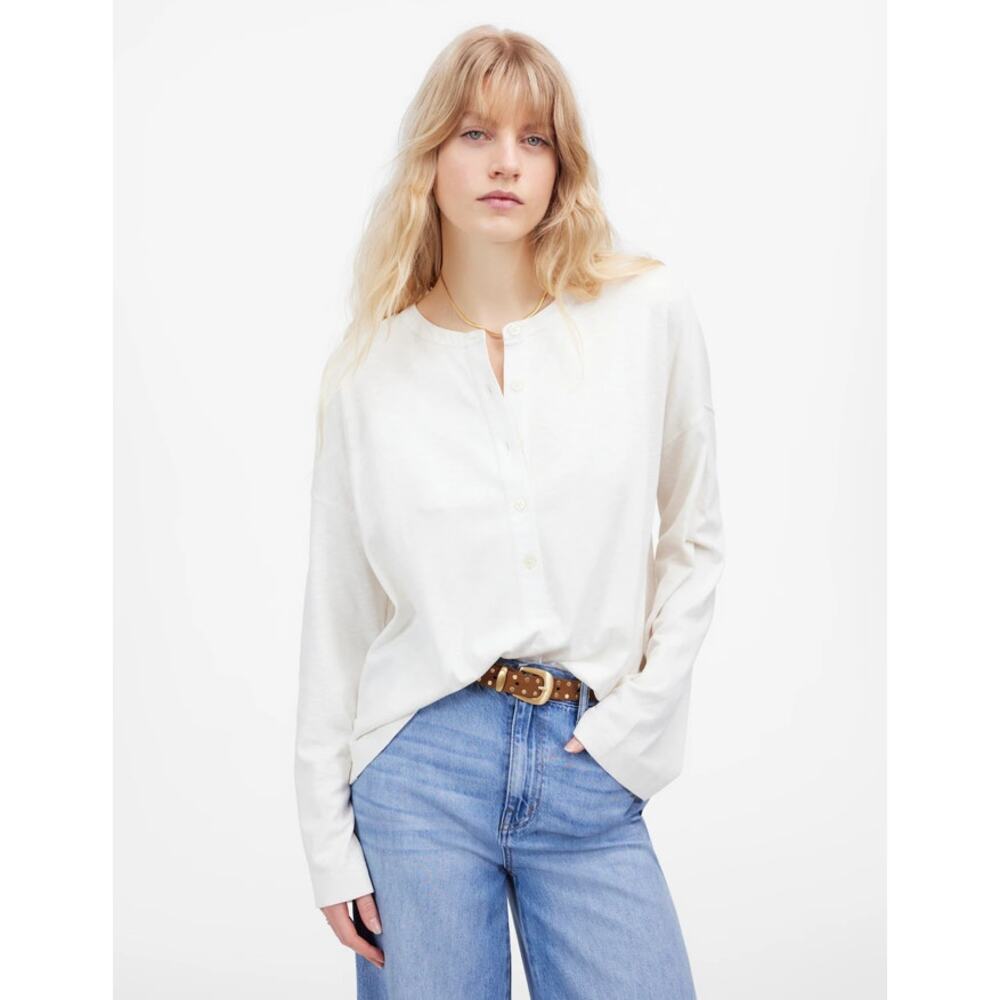 Madewell Relaxed Henley Long-Sleeve Tee WMNS M White Pullover Stretch Side Slit